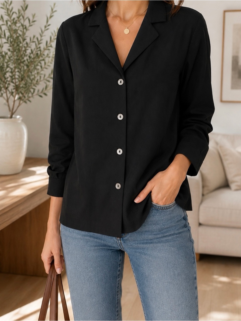 OAK + FORT Black Button Long Sleeve Shirt